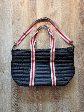 Think Royln Wingman Quilted Puffer Tote Black Red Silver Stripe